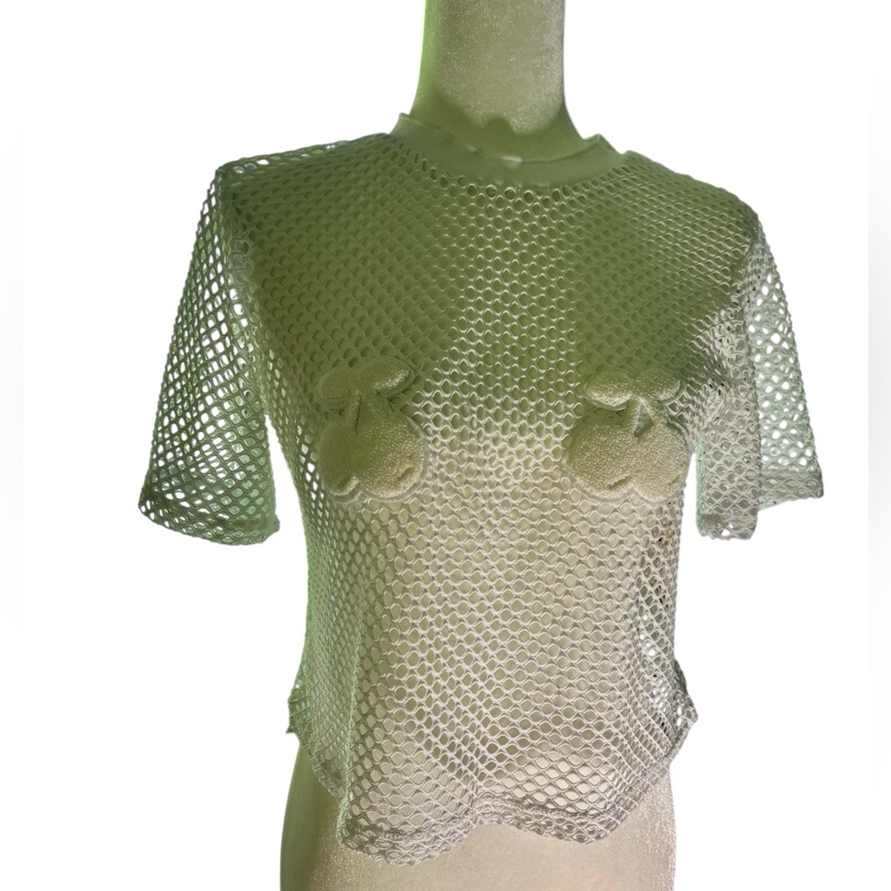 Y2K White Fishnet Mesh Crop Top w/ Cherry Appliqué | Festival Rave Clubwear